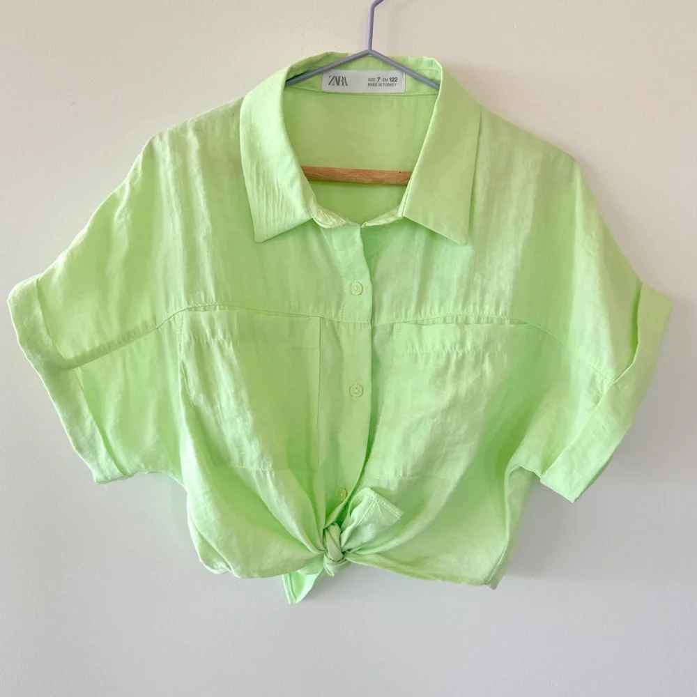 Zara Girls Lime Green Knotted Button Front Shirt Blouse Size 7 Short Sleeve Top